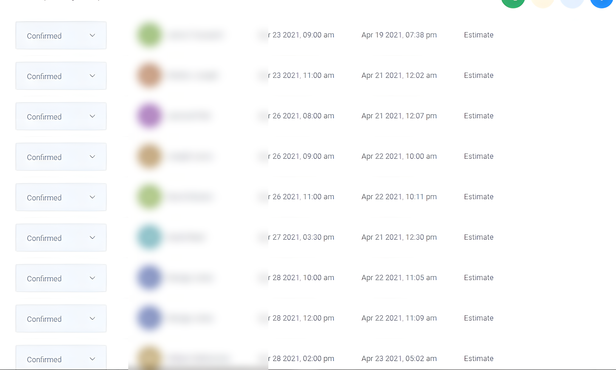 CRM dashboard showing a list of confirmed estimate appointments