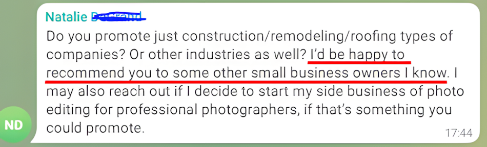 Client message offering to refer other business owners