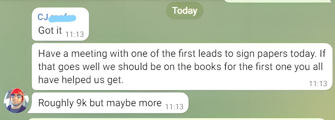 Client texting that they're about to sign their first job from us