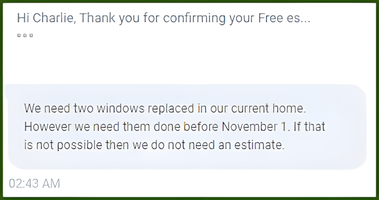 Homeowner text requesting a window replacement estimate